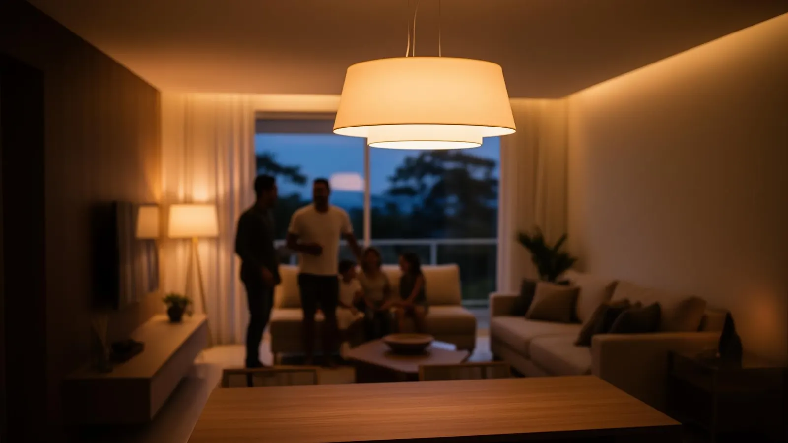 Família em casa com as luzes acesas no fim do dia